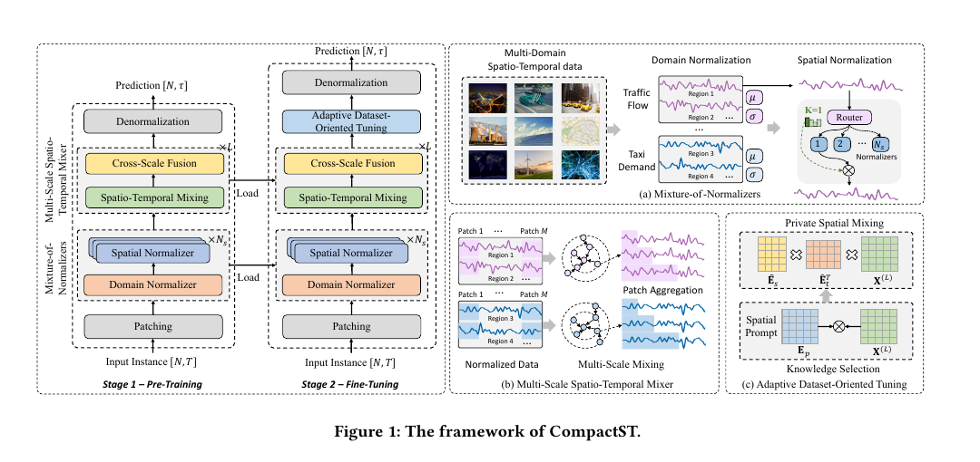 CompactST pre-training, multi-domain normalization, multi-scale mixing, and dataset-oriented tuning framework